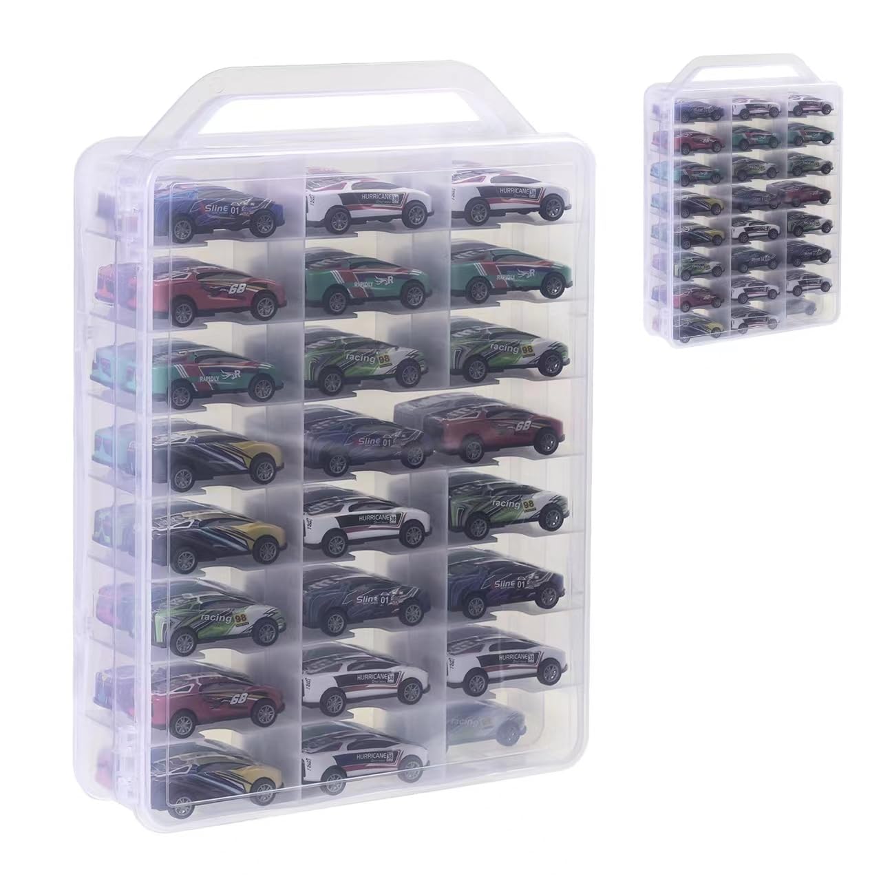 TONYLAIJIANTAO Double Sided 1/64 Scale Toy Car Storage Case Compatible with Matchbox Car Hot Wheels Storage Case,48 Slot Transparent Organizer for 48