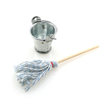 Mini Cleaning SetFloor Mop with Galvanized Bucket TAODAN 1Set Miniature 1:12 Scale Fairy Garden Furniture Retro Vintage Mop with Bucket Dollhouse