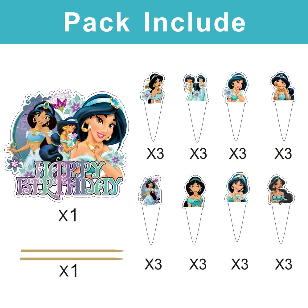 25Pcs Princess Jasmine Cake Decorations with 24pcs Cupcake Toppers 1pcs Cake Topper for Girls Birthday Party Supplies