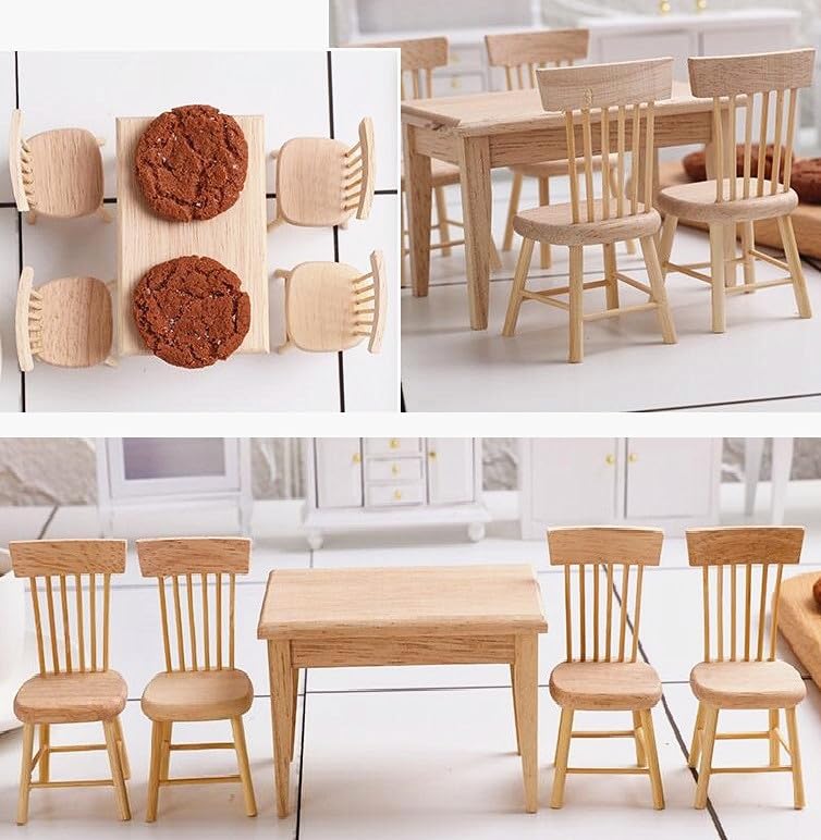 EatingBiting Decoration Dollhouse Accessories Furniture 1:12 Dollhouse Miniature Furniture Wooden Including 4 Chair and 1 Dining Table Accessories