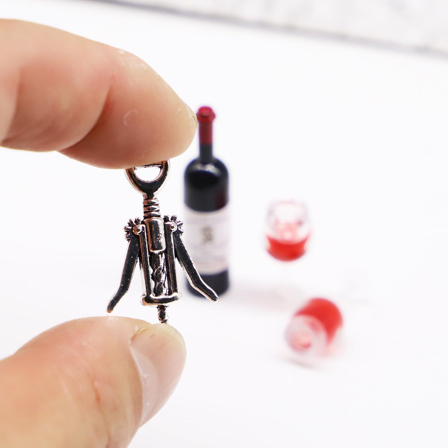 Miniature Red Wine Bottle Set, One Bottle with 2 Resin Filled Wine Glasses and Corkscrew, Dollhouse Wine Bottle, Dollhouse Wine Glasses, for Model
