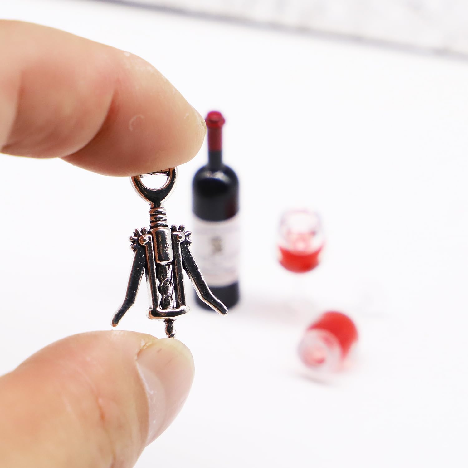 Miniature Red Wine Bottle Set, One Bottle with 2 Resin Filled Wine Glasses and Corkscrew, Dollhouse Wine Bottle, Dollhouse Wine Glasses, for Model
