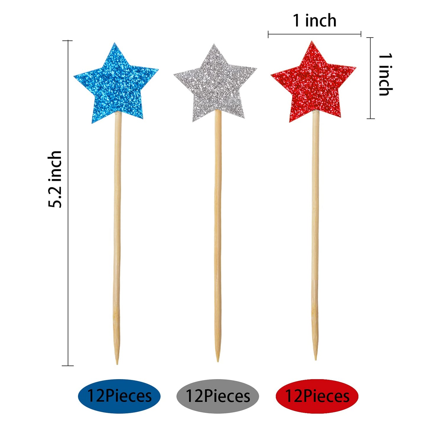 36 Pieces Glitter Star 4th of July Cupcake Toppers Glitter Gold Star Cakes Toppers for Independence Day 4th of July Party Supplies Favors(Blue Red