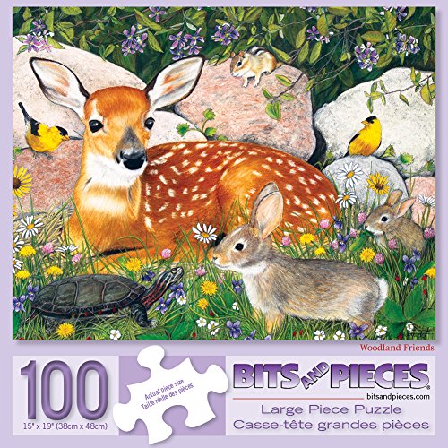 Bits and Pieces - Large 100 Piece Jigsaw Puzzle for Adults - Woodland Friends - Forest Deer Bunny Turtle Bird Jigsaw Puzzle by Julie Bauknecht