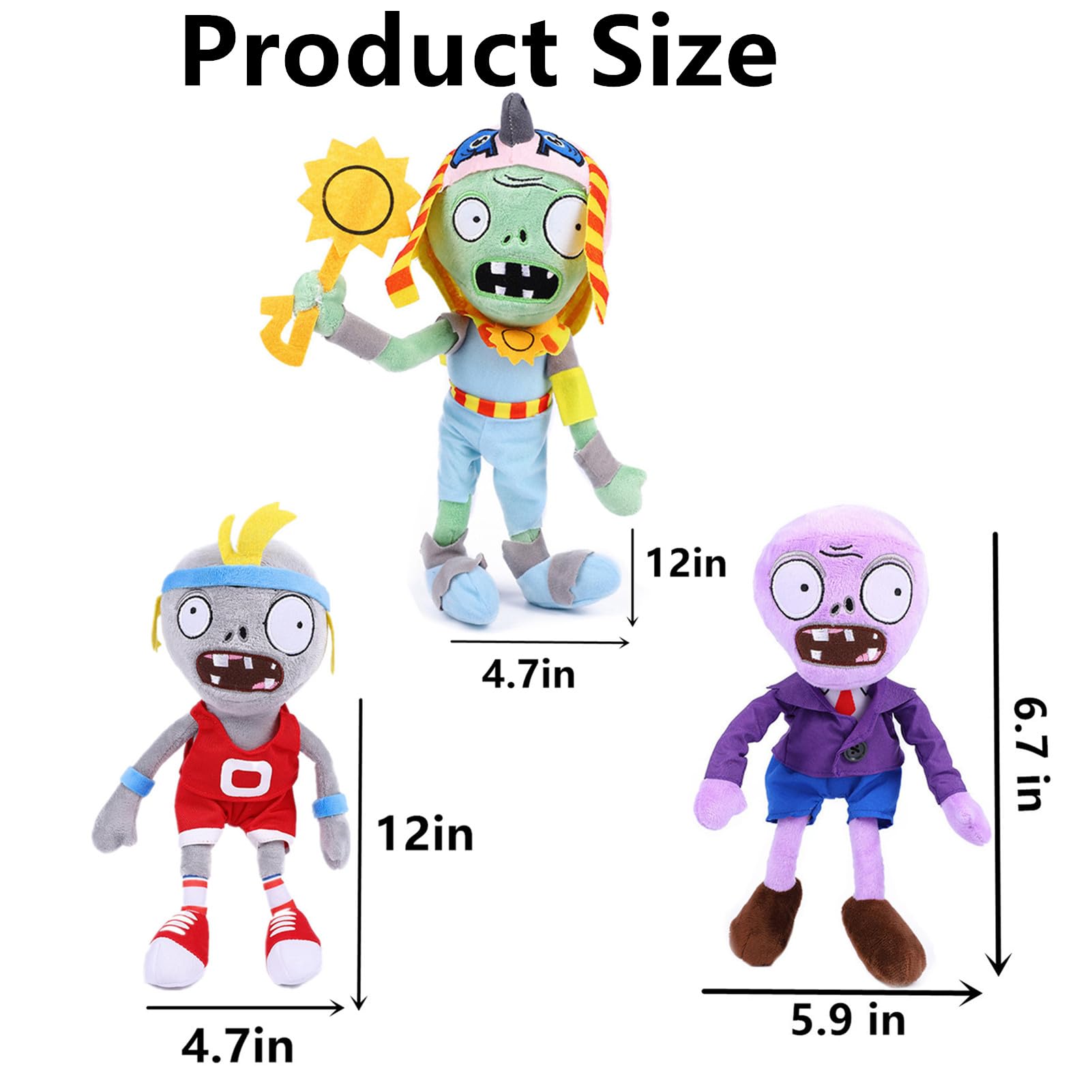 JHESAO 3 PCS Plants and Zombies Plush Zombies Sets Toy Sport Zombie, 1 2 Stuffed Soft RA Purple Zombie Doll, PVZ Plushies Figure Doll New