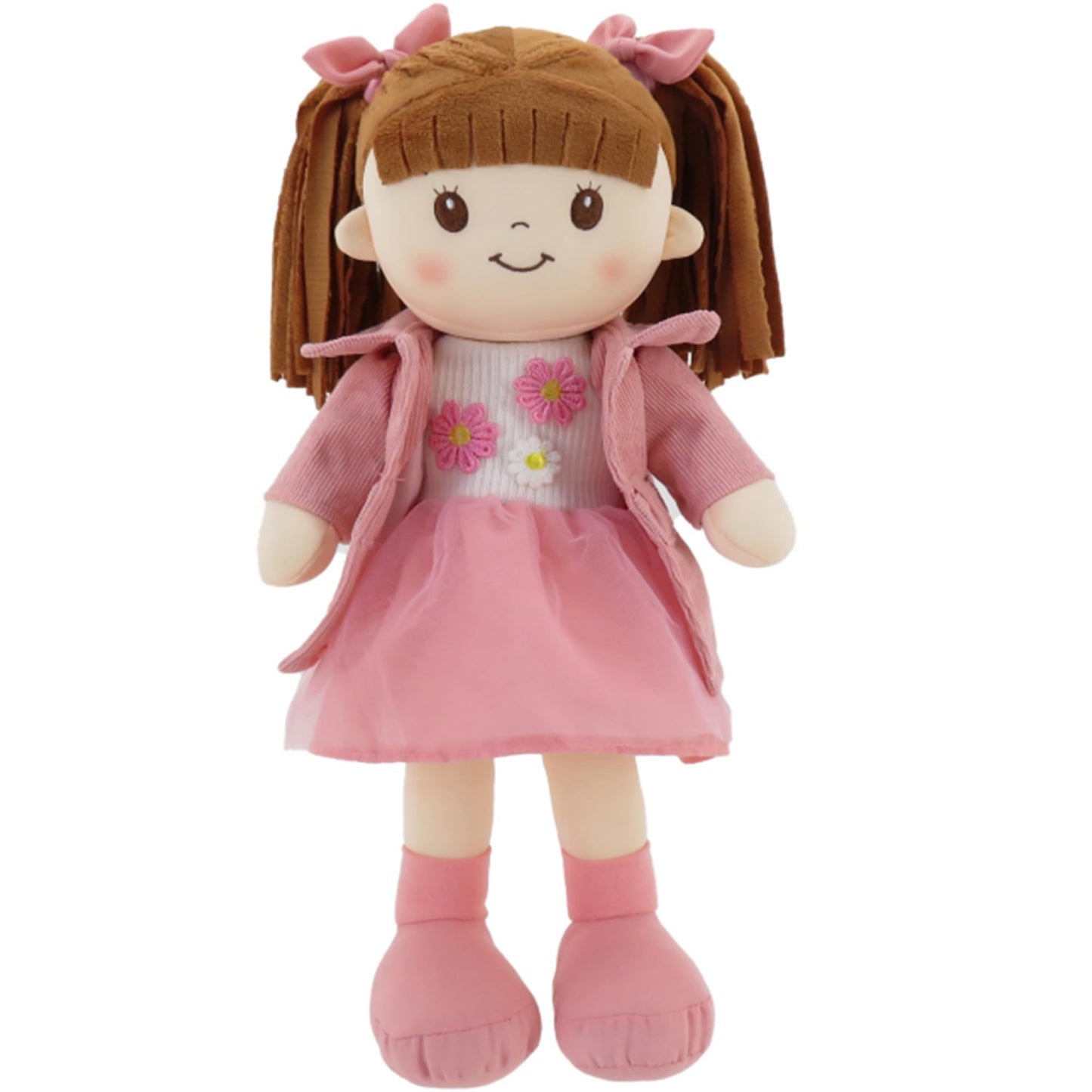 Linzy 15" Little Sweet Hearts Emily Doll - Adorable My First Plush Rag Doll for Girls - Soft Baby Doll with Braided Pigtails & Bows, Washable Sensory