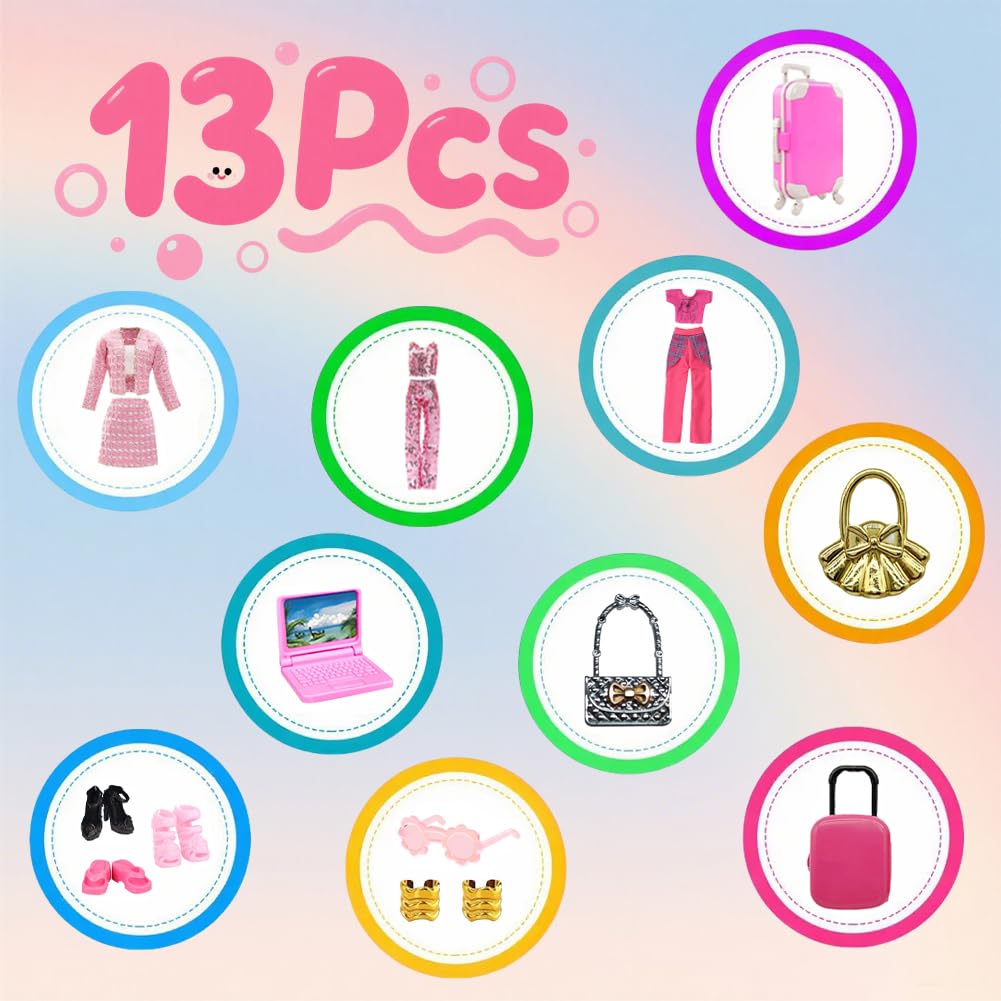 PENGQTIONG 13 Pcs 11.5" Doll Travel Gear Set - Suitcase Luggage , Clothes, Laptop, Bag, Glasses, Bracelets, Shoes - Christmas & Birthday Gift(No Doll)