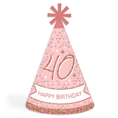 Big Dot of Happiness 40th Pink Rose Gold Birthday - Cone Happy Birthday Party Hats for Kids and Adults - Set of 8 (Standard Size)