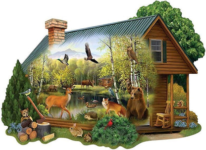 Bits and Pieces - 750 Piece Jigsaw Puzzle for Adults - Cabin in The Wild - Forest Animals Jigsaw Puzzle by Artist Thomas Wood, Completed Puzzle Size