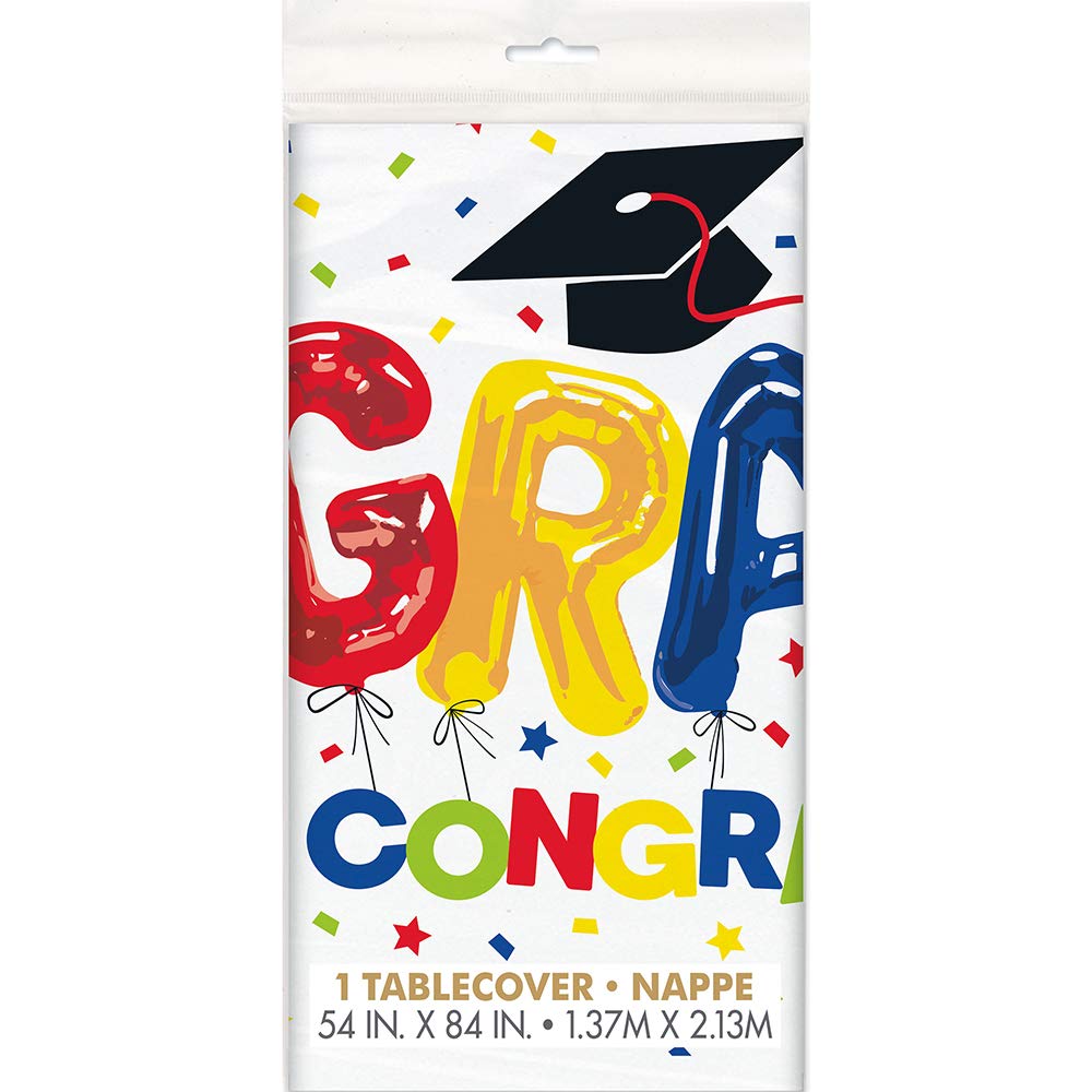 Unique Grad Letter Balloon Rectangular Plastic Table Cover - 54" x 84" (1 Pc) - White Disposable Tablecloth, Perfect Party Supplies for Graduation