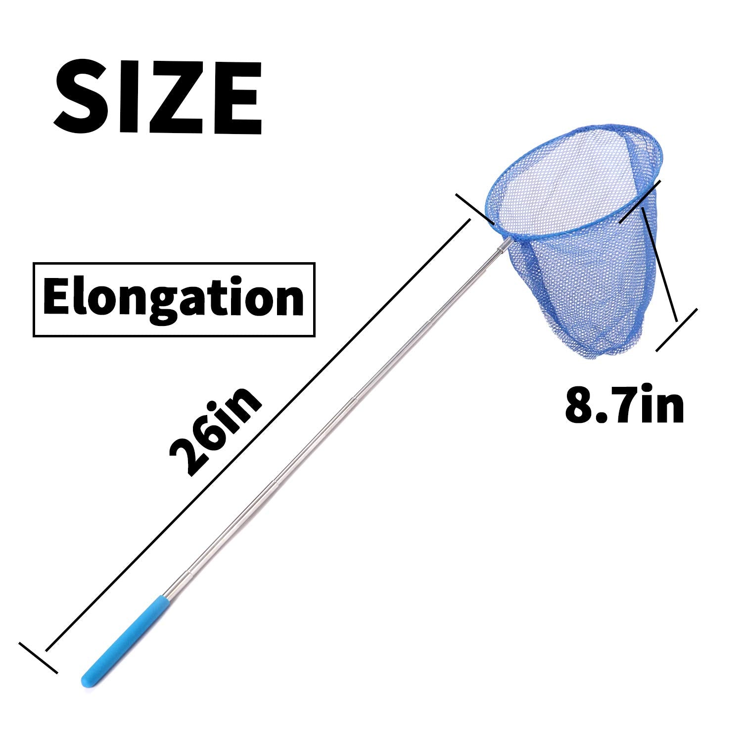 Rngeo 2 Pack Telescopic Butterfly Net, Extendable Fishing, Insect Toy Nets for Kids and Family, Aluminum Alloy (Silver Extends to 36 Inches, Blue