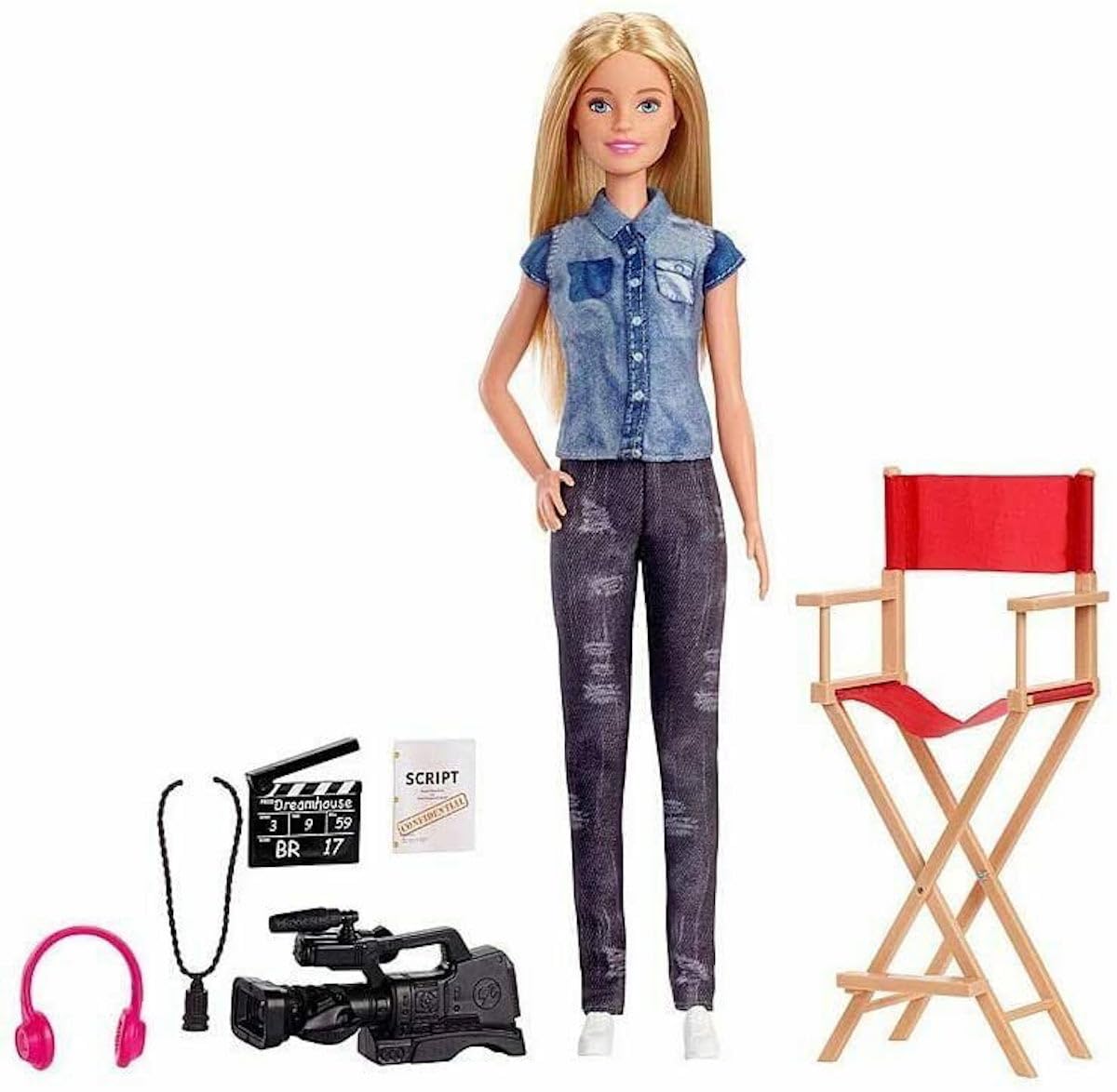 Box is Damaged- Barbie Film Director Doll “You Can Be Anything” Director Chair, Video Camera, Headphones, Script, Viewfinder & Clapperboard - Barbie