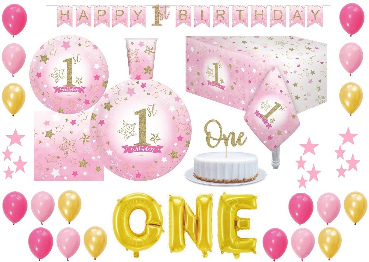 Oojami 1st Birthday Party Supplies for Girls - Serves 30, Plates, Cups, Napkins, Table Cover, Balloons, Banner, One Letter Balloon - First Birthday