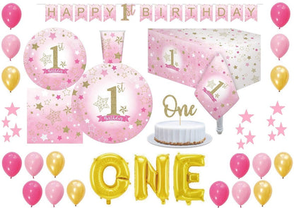 Oojami 1st Birthday Party Supplies for Girls - Serves 30, Plates, Cups, Napkins, Table Cover, Balloons, Banner, One Letter Balloon - First Birthday