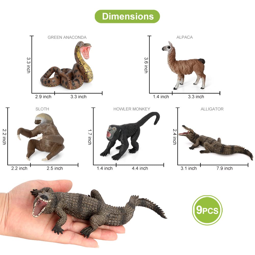 Volnau Jungle Animal Figurines Toys 9PCS South America Figures for Toddlers Kids Christmas Decoration Gift Preschool Educational Zoo Pack Rainforest