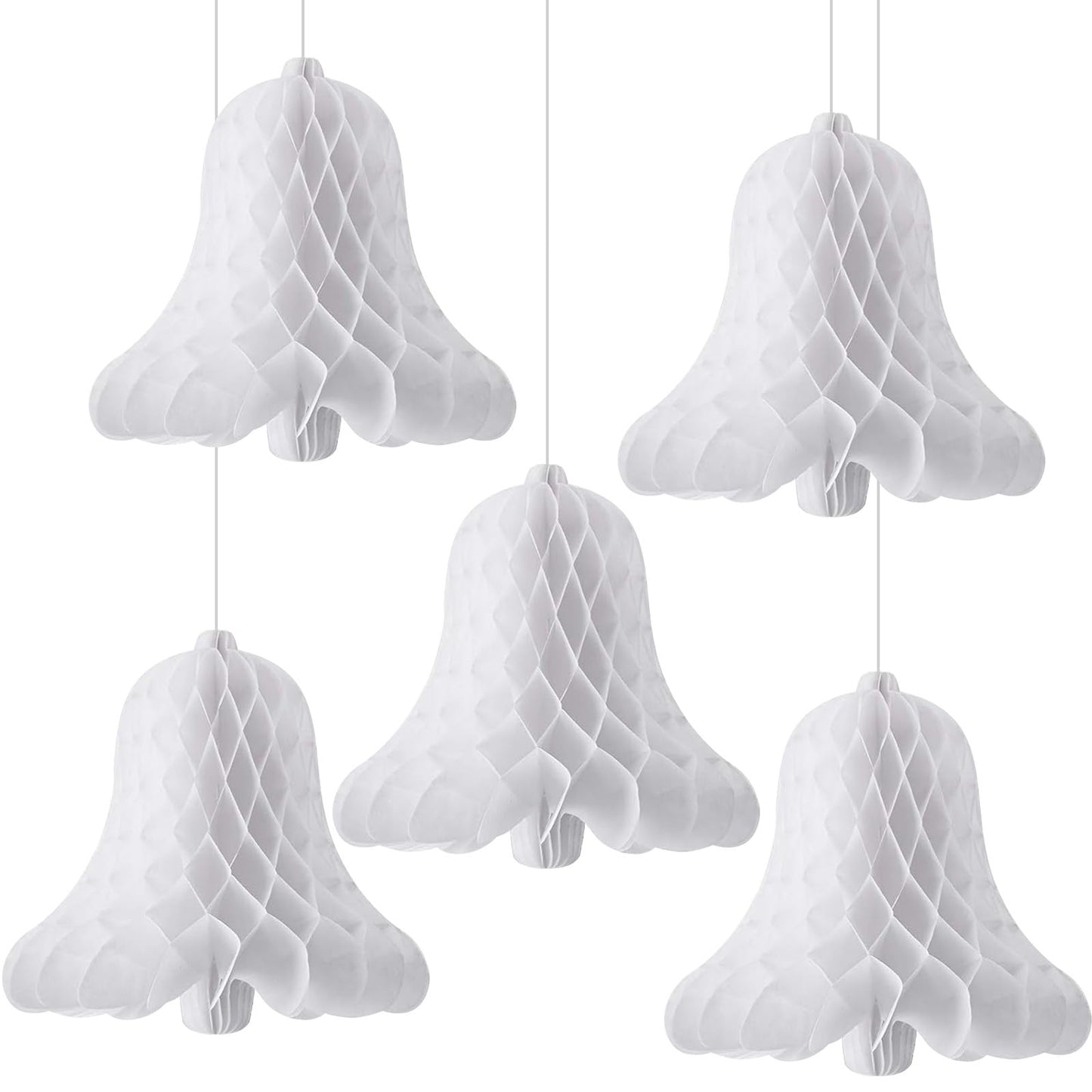5 Pack 11.8 Inch Bell Paper Honeycomb Decorations, Hang Bridal Tissue Centerpieces, 3D White Bell Ornaments for Wedding, Christmas, Holiday, Winter
