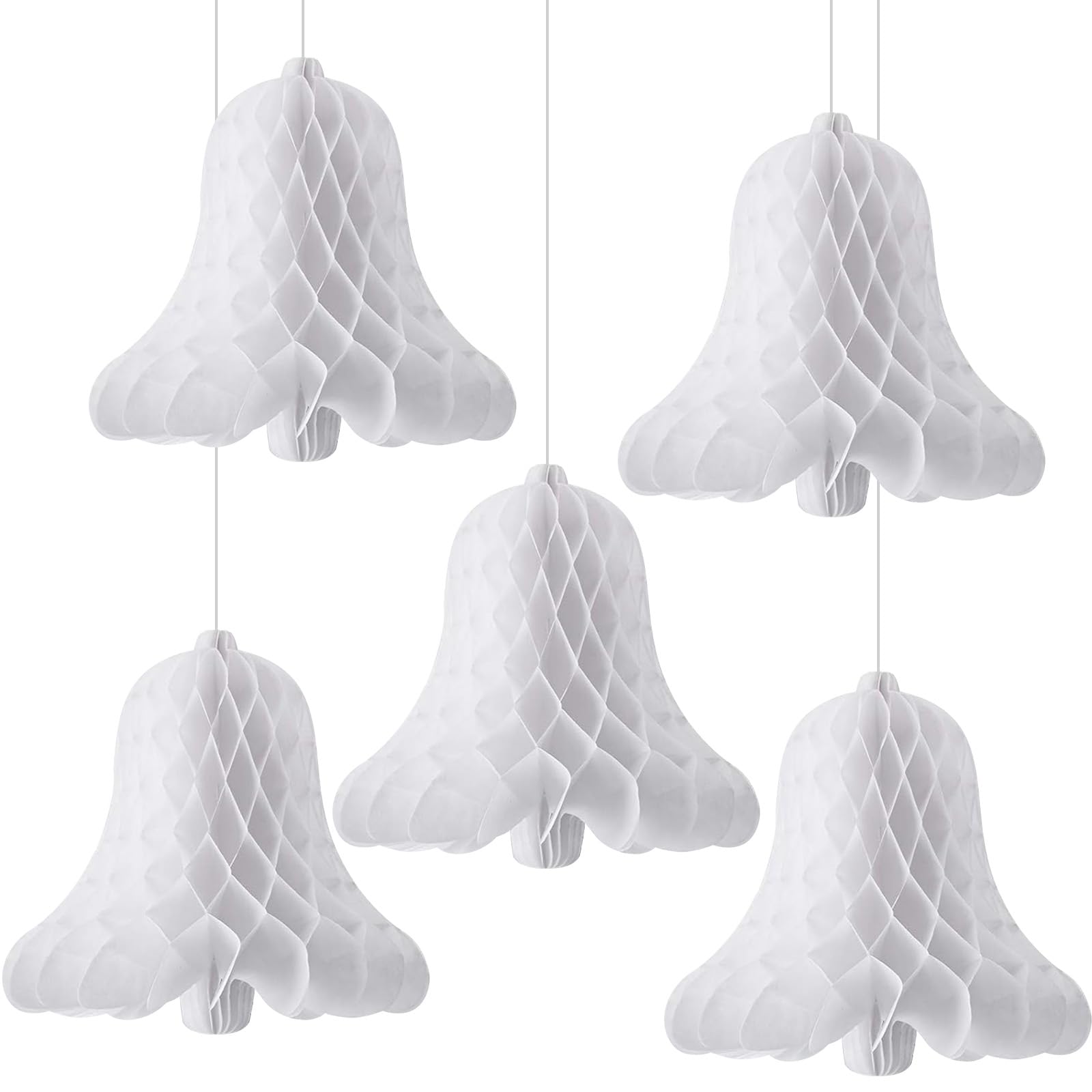 5 Pack 11.8 Inch Bell Paper Honeycomb Decorations, Hang Bridal Tissue Centerpieces, 3D White Bell Ornaments for Wedding, Christmas, Holiday, Winter