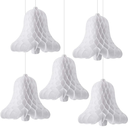 5 Pack 11.8 Inch Bell Paper Honeycomb Decorations, Hang Bridal Tissue Centerpieces, 3D White Bell Ornaments for Wedding, Christmas, Holiday, Winter