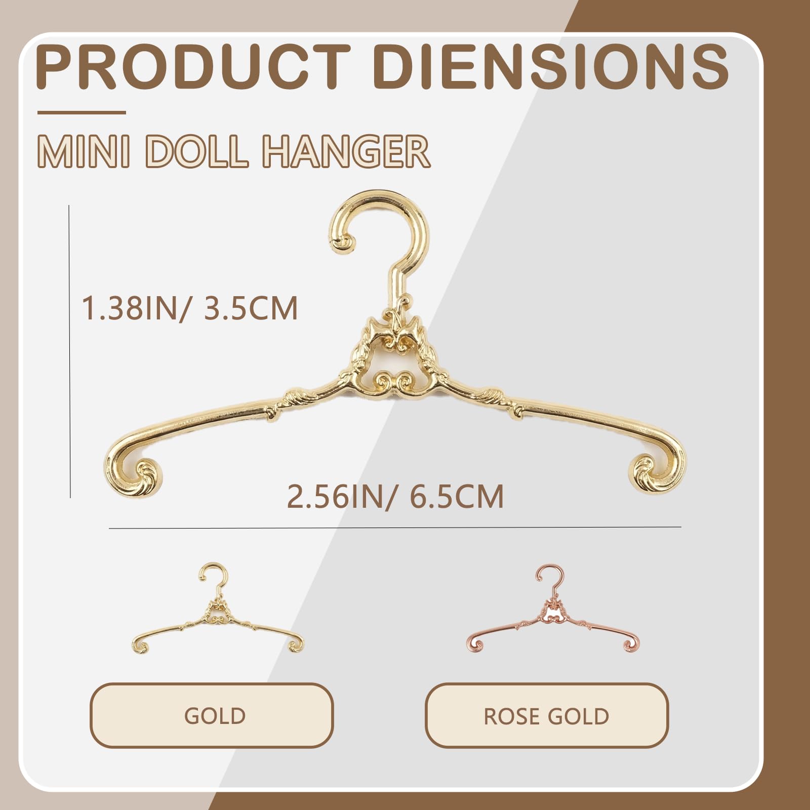 10Pcs Mini Metal Hangers for Doll Clothes, 2.56" Tiny Hangers for Barbie, WellieWishers, Small Doll Wardrobe Organization, Display & Storage Rose Gold