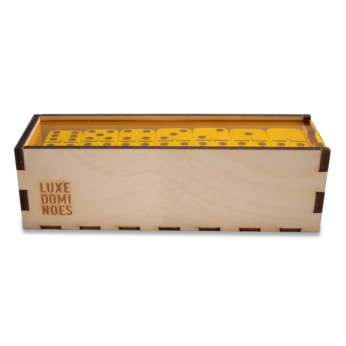 Deluxe Modern Domino Set Double Six, with Jumbo Sized Tournament Dominoes Black and White Two Toned with Spinner (Rivets) in Wood Box with Acrylic Top
