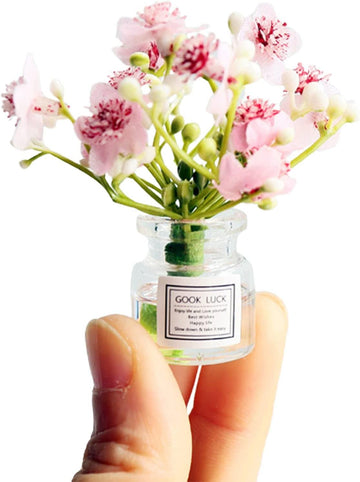 1Pc Pink Miniature Flower in Vase Dollhouse Mini Jasmine Flowers Handmade Easily Matched Dollhouse Flower Vase Set Model Decor for 1:6 or1:8 Scale