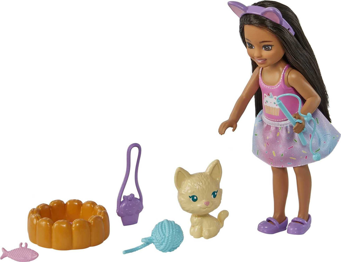 Barbie Chelsea Doll & Pet Playset with 5 Accessories, Brunette Small Doll Wearing Removable Skirt with Kitten, Pet Bed & More