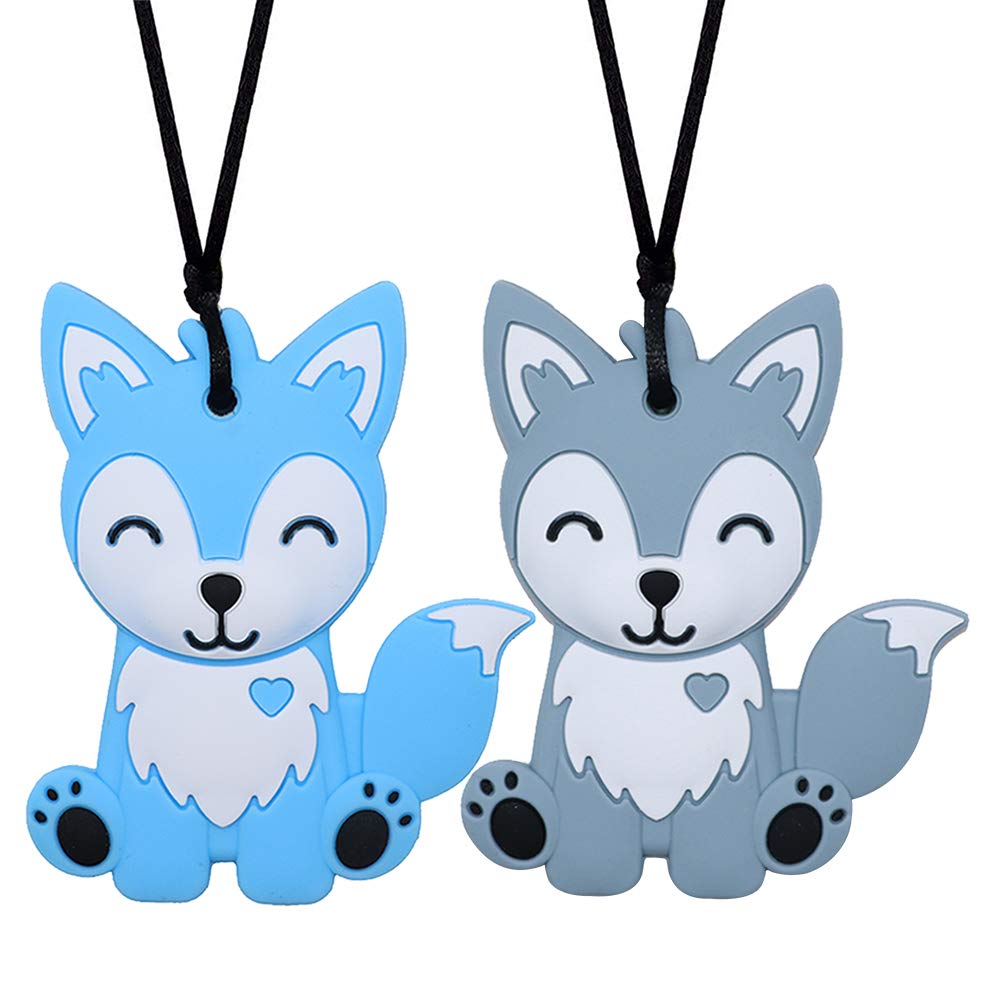Sensory Chew Necklaces,2 Pack Fox Silicone Chew Toys,Blue & Grey