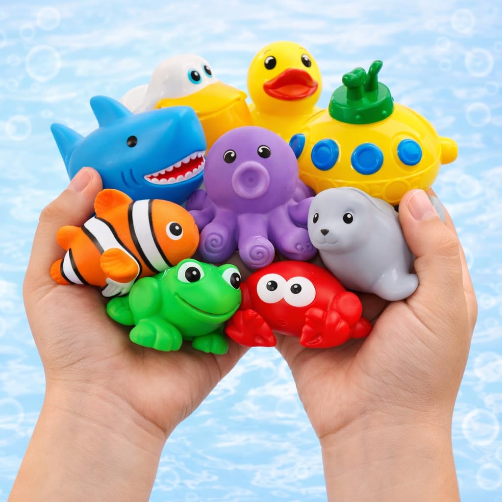 15 PCS Ocean Animals Rubber Bath Toy Water Squirters with Floating Bathtub Squeeze and Play Soft Sea Creatures anf Fishing Net for Baby, Toddlers