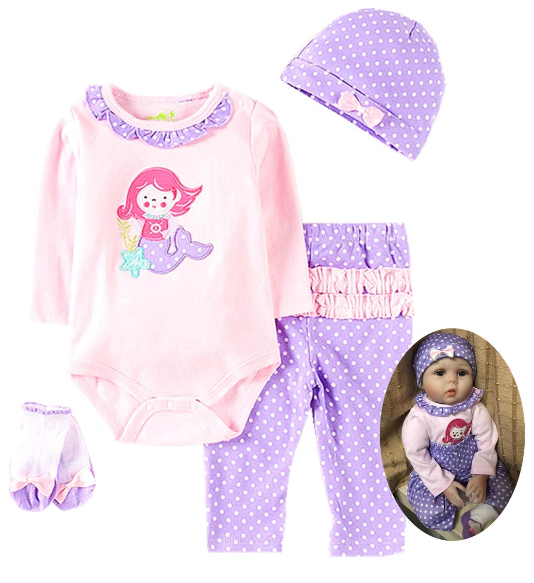 TATU Reborn Baby Dolls Clothes Girl 22 inch 4 Pcs Sets Outfit Fits 20-23 inch Reborn Doll Newborn Baby Girl Clothing
