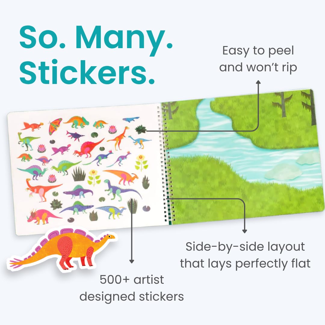 Cupkin Dinosaur Sticker Book Activity for Kids, Toddler Airplane Travel Essentials, 500+ Dino Stickers for Kids + 12 Scenes + 12 Coloring Book Pages