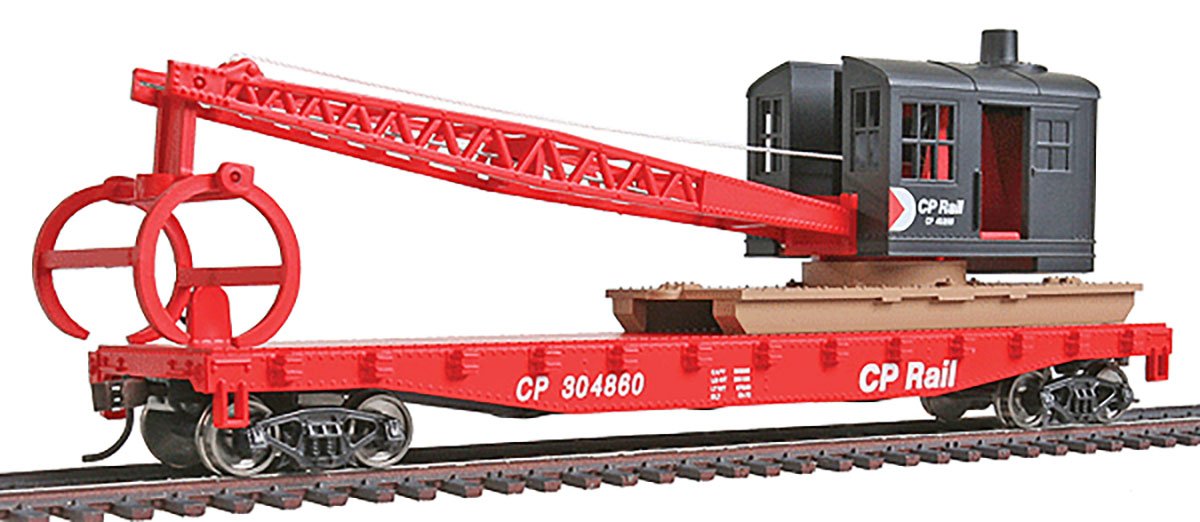 Walthers Trainline Flatcar with Logging Crane-Ready to Run-Canadian Pacific (red, Black; Multimark Logo) 931-1781 HO Scale Model Railroad - Freight