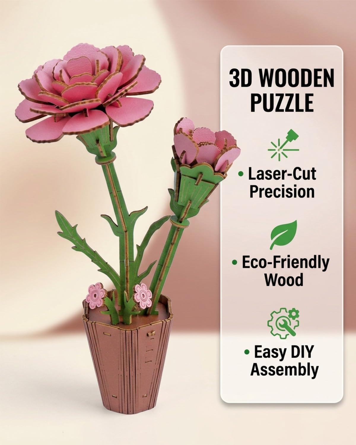 3D Wooden Flower Puzzle - DIY Carnation Craft Kit for Adults, Wooden Bloom Craft Home Decor (Carnation)