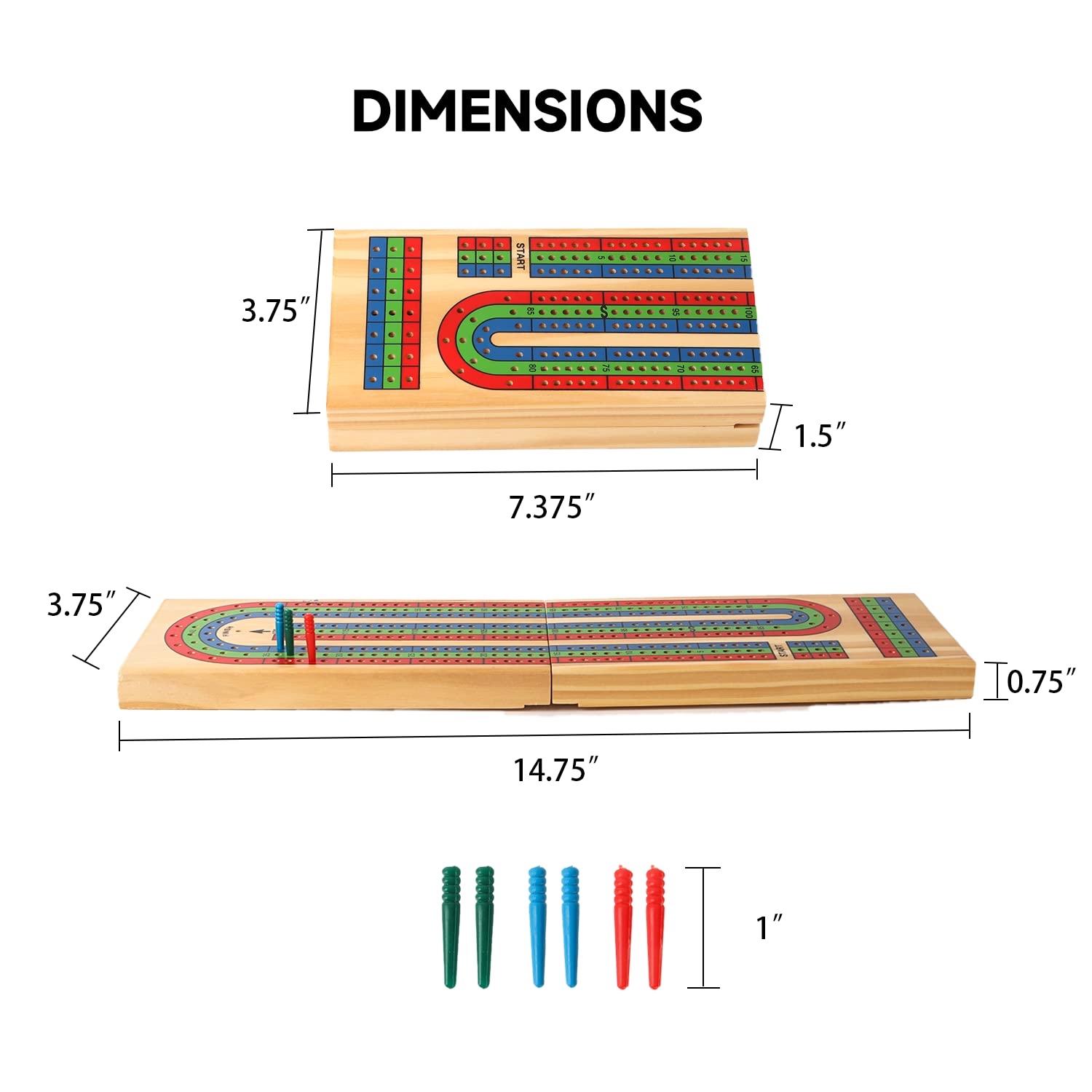 GSE Games & Sports Expert Wooden Folding 3-Track Color Coded Travel Cribbage Board with 6 Plastic Pegs, Wooden Travel Portable Cribbage Board Game Set