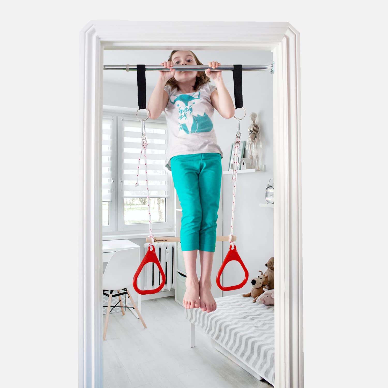DreamGYM Doorway Swing for Kids Indoor - Trapeze Bar and Red Gymnastic Rings Combo