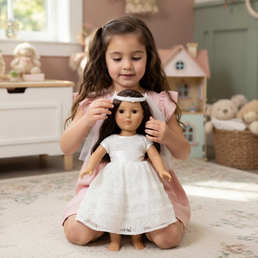 Emily Rose 18 Inch Doll Wedding Dress with Veil - White Bridal Gown & First Communion Outfit for American Girl Dolls