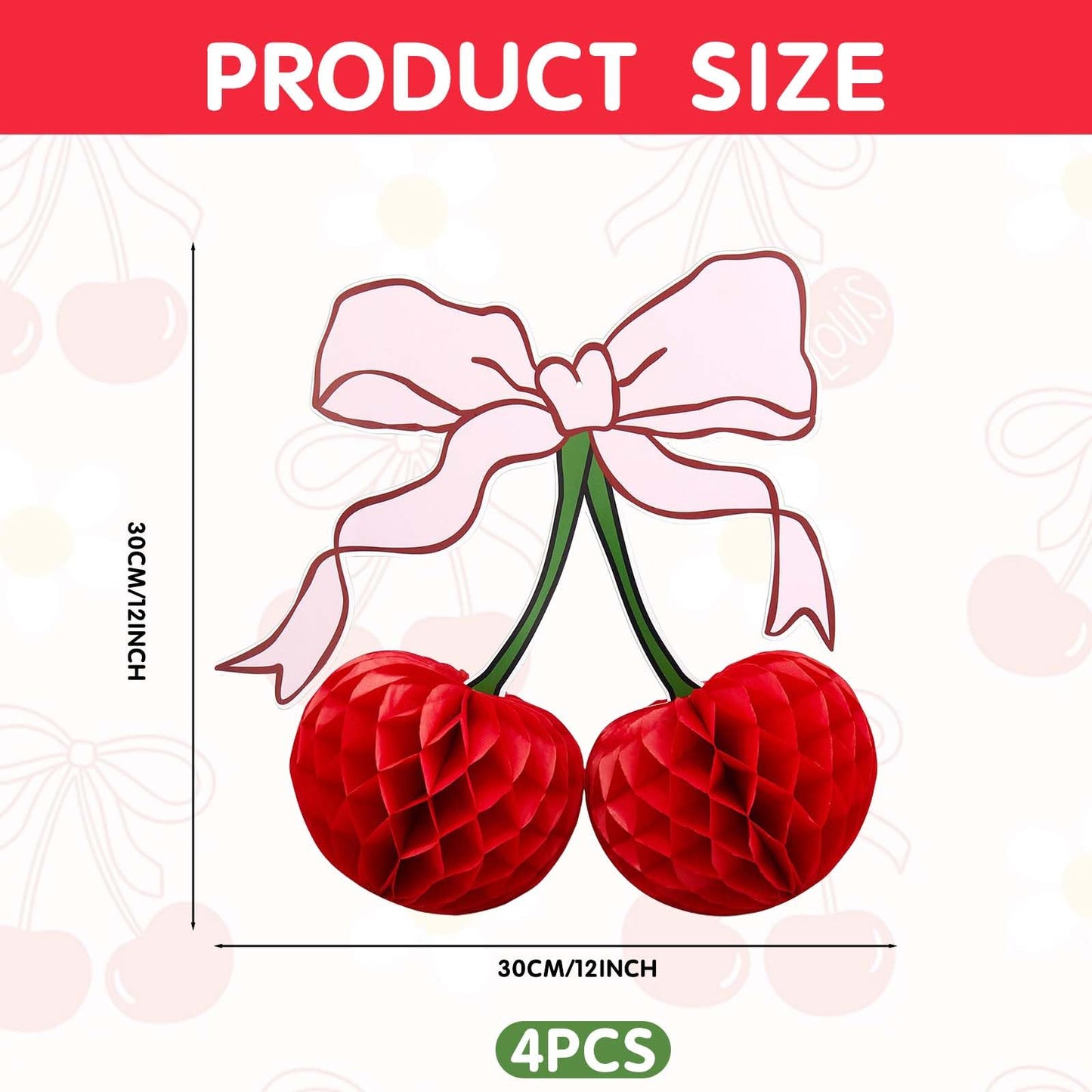 3D Cherry Bow Honeycomb Decorations, 4-Pcs 12 Inch Large Cherry Table Decorations and Cherry On Top Centerpieces, Cherry Decoration for Birthdays