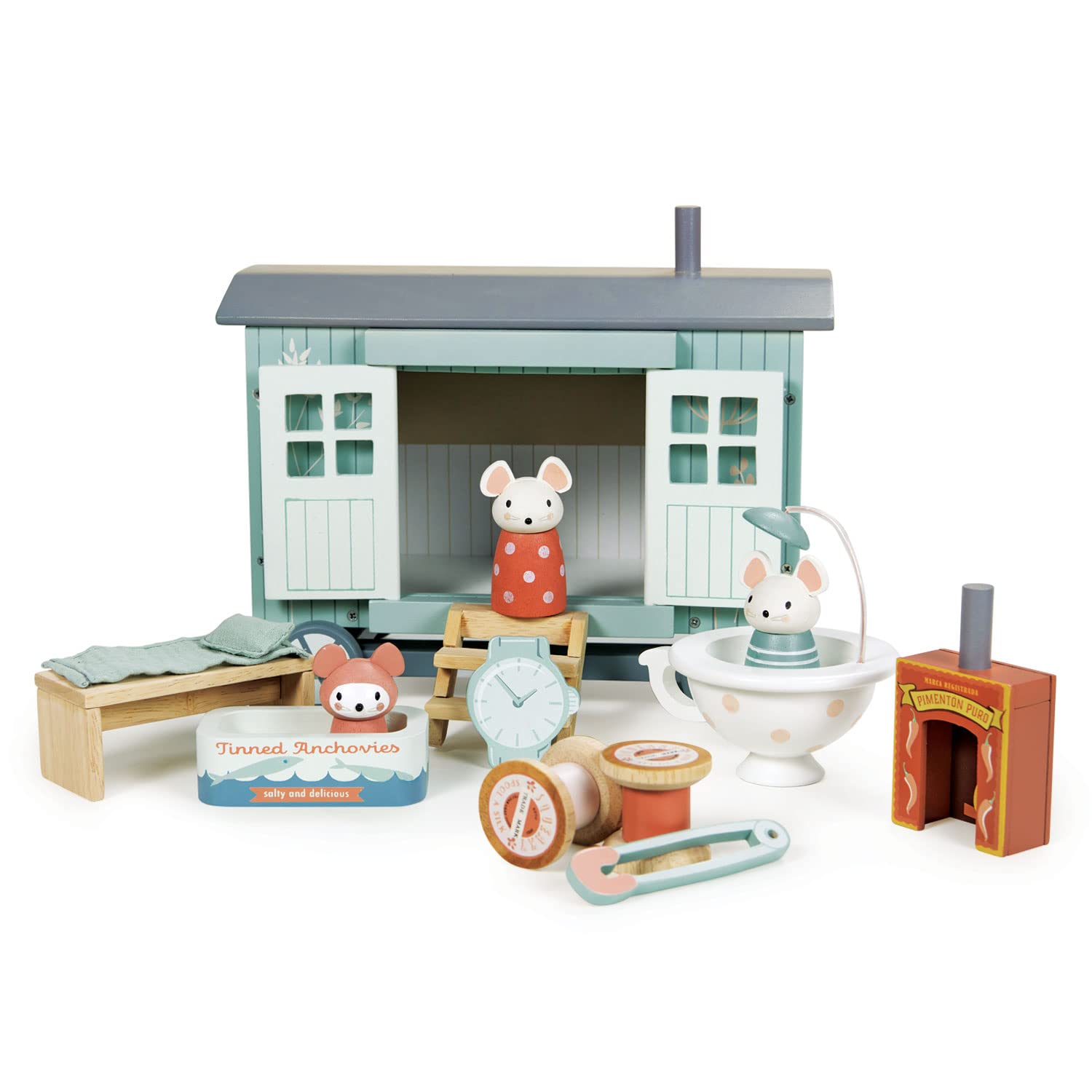 Tender Leaf Toys - Secret Meadow Shepherd’s Hut - Portable Furnished Wooden Shepherd’s Hut on Wheels with 11 Pcs Accessories and 3 Mice Dolls
