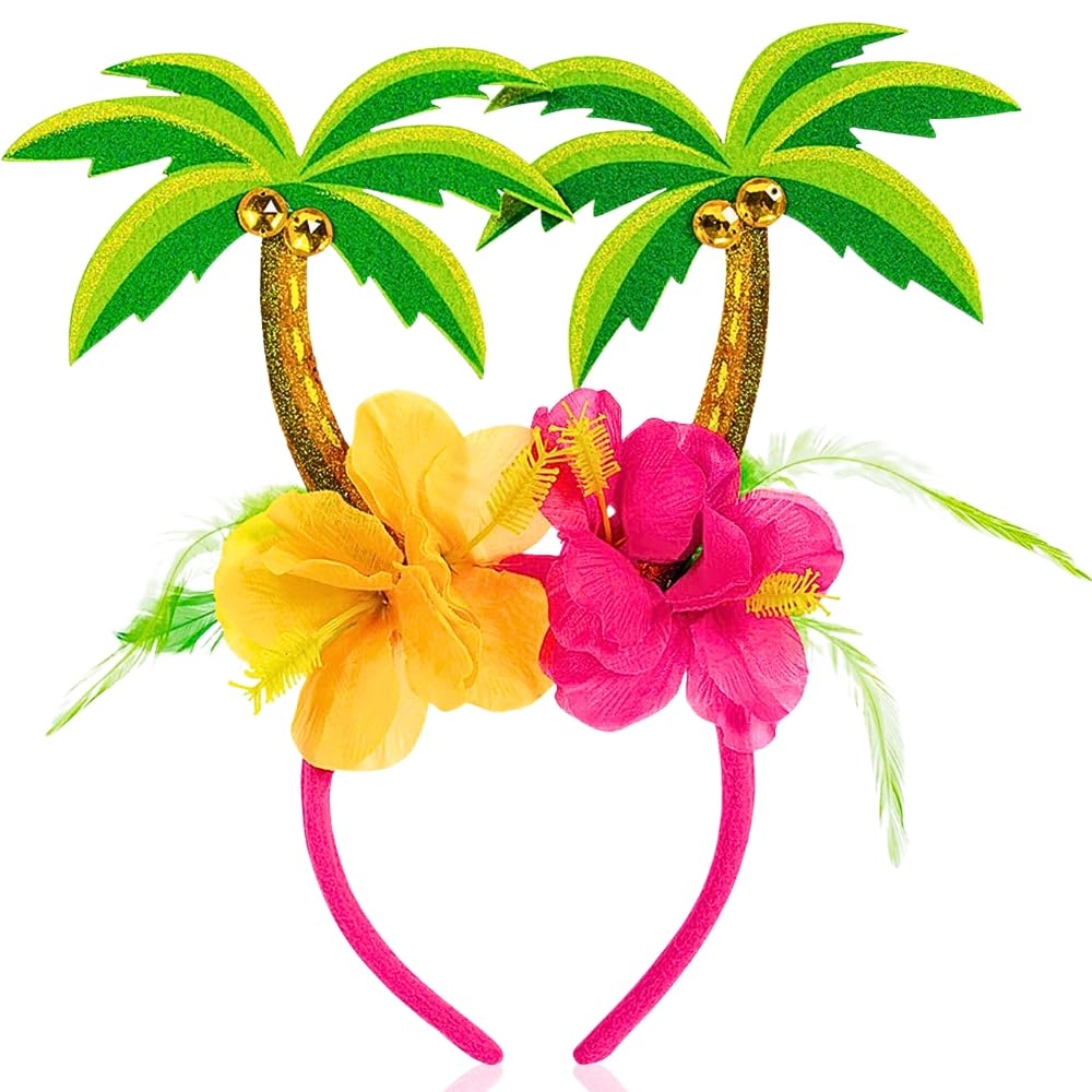 Palm Tree Head Bopper - 10.25" x 10" (Pack of 1) - Multicolor Foam with Fabric Hibiscus Flowers - Perfect for Summer Parties & Hawaiian Events