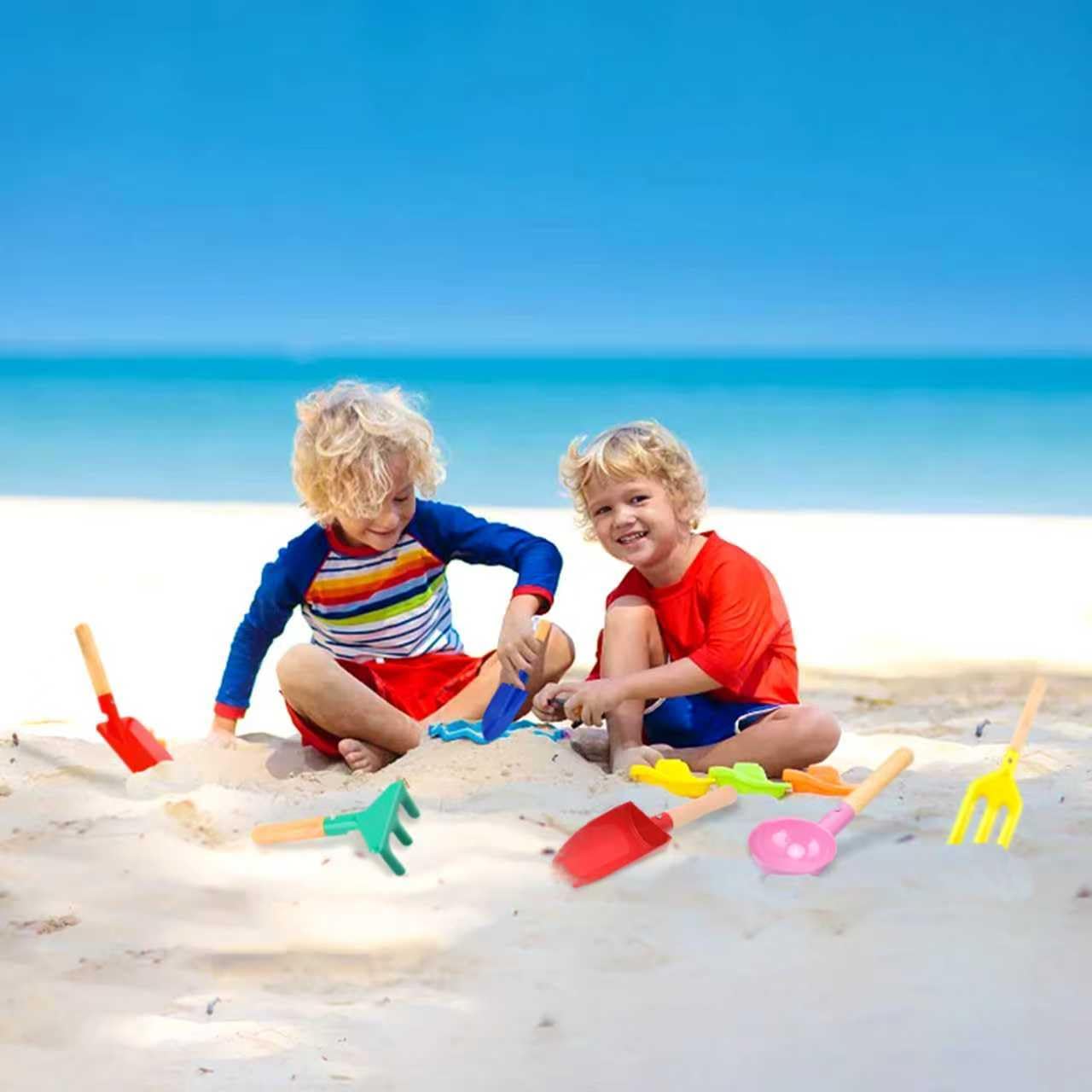 UMUACCAN Beach Toys for Kids,Beach Sand Toys, 8'' Metal Sandbox Toys with Sturdy Wooden Handle,Safe Beach Gardening Set,Spoon, Fork, Trowel, Rake