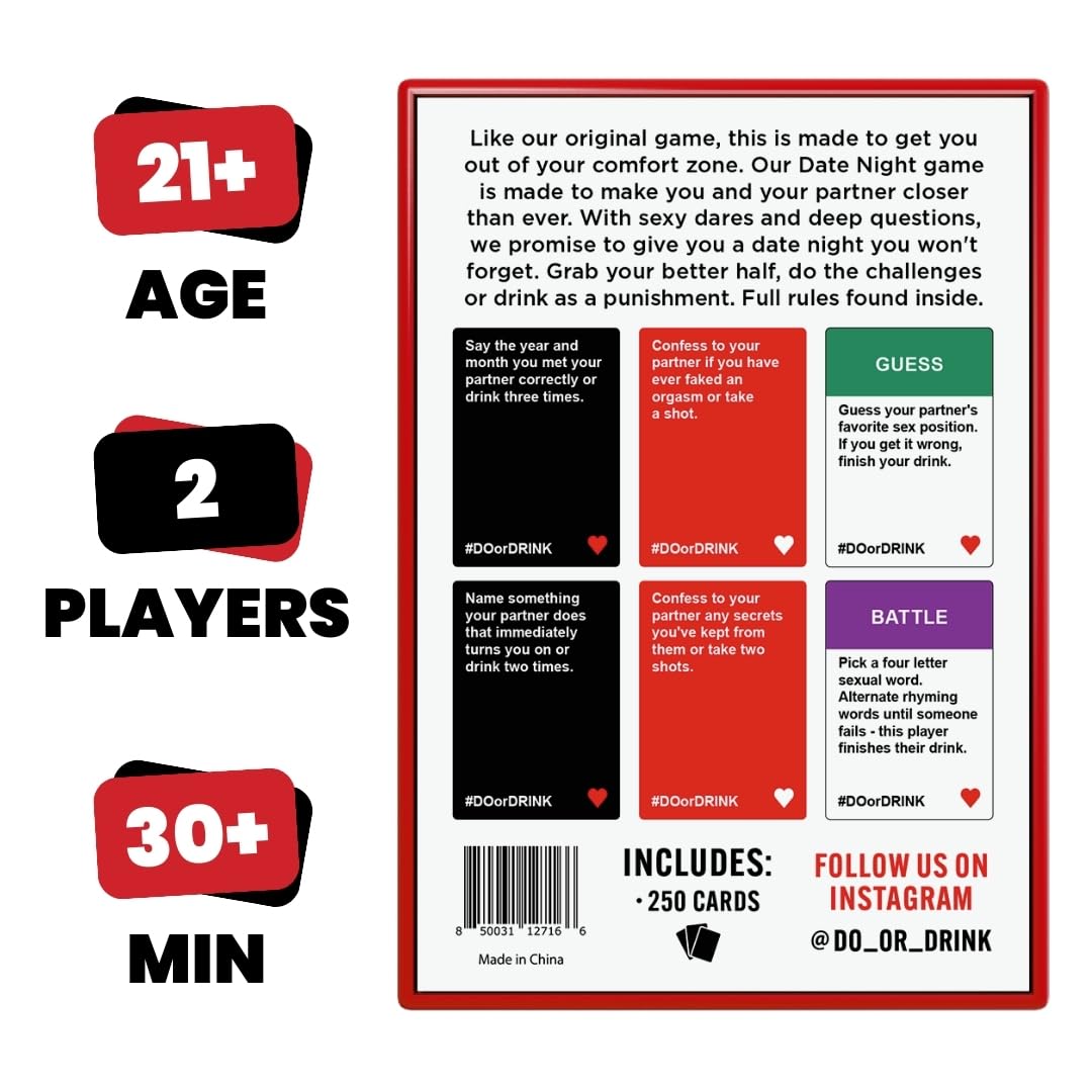 Do or Drink Date Night - Couples Drinking Card Game for Adults, Fun Romantic Game for Two, Perfect for Game Night, Parties, or Gifts for Boyfriend