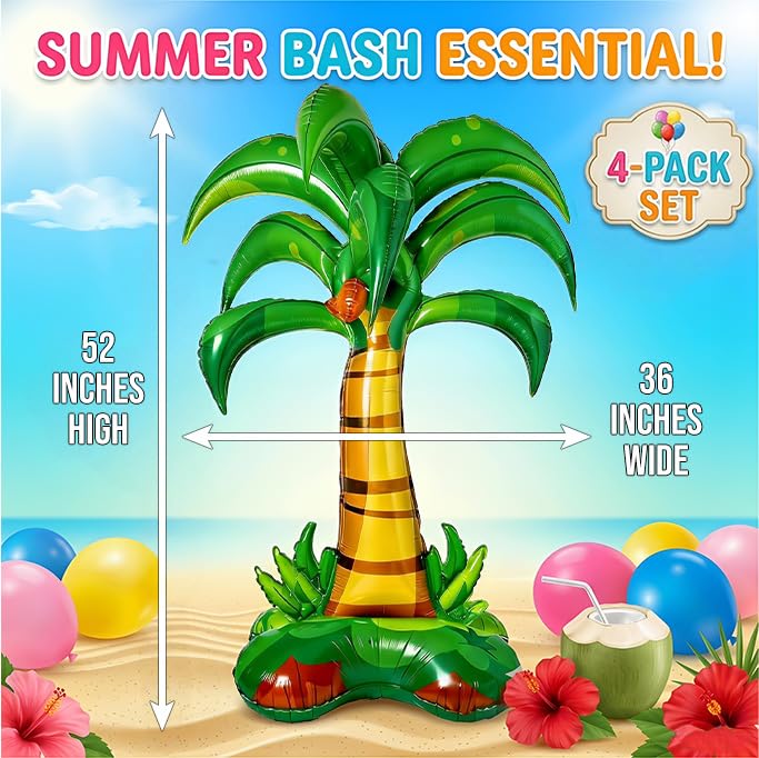 4 Pieces 52 Inches Large Inflatable Standing Palm Tree Balloons, Green Blow Up Foil Coconut Tree Balloons for Birthday Baby Shower Decorations