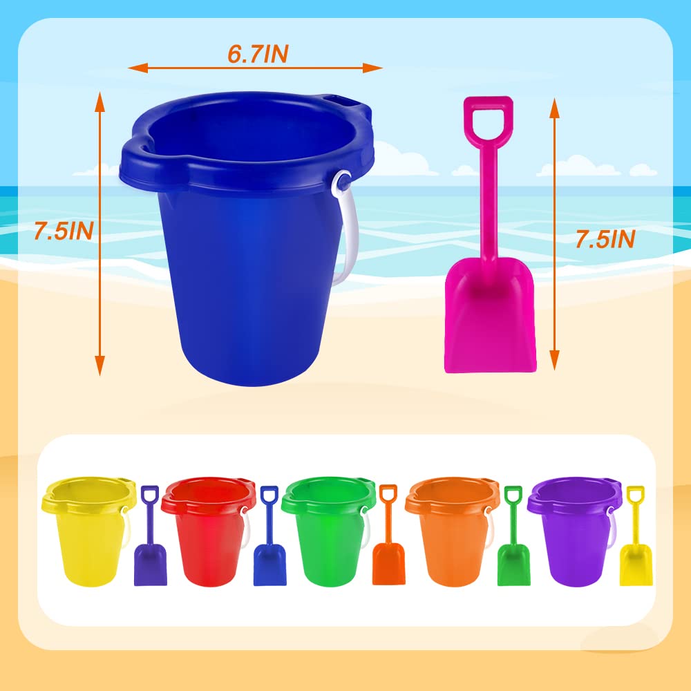 BeneFine Large Sand Pail with Shovel, 7'' Large Size Sand Water Bucket for Beach Fun Great Summer Party Accessory(6 Bucket + 6 Shovels)