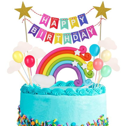 Xihuimay 15pcs Cake Topper Birthday Set Happy Birthday Banner Handmade Cupcake Topper including Colorful Rainbow Clouds Balloon Stars Picks for Boys