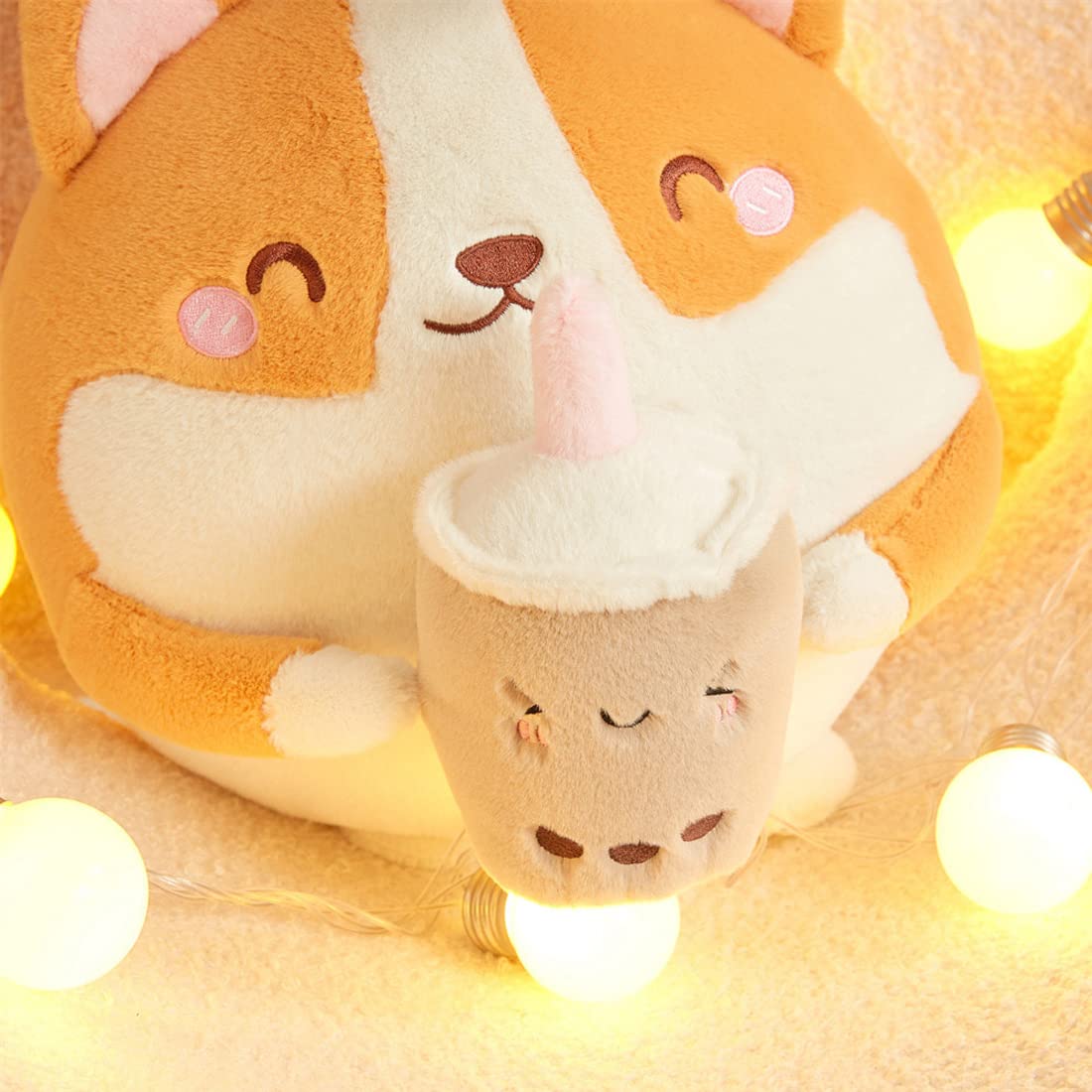 ELAINREN Cuddle Boba Corgi Plush Toy Soft Stuffed Corgi Dog with Cup of Milk Tea FurryBoba Tea Akita Puppy Plushie Doll/11.8''