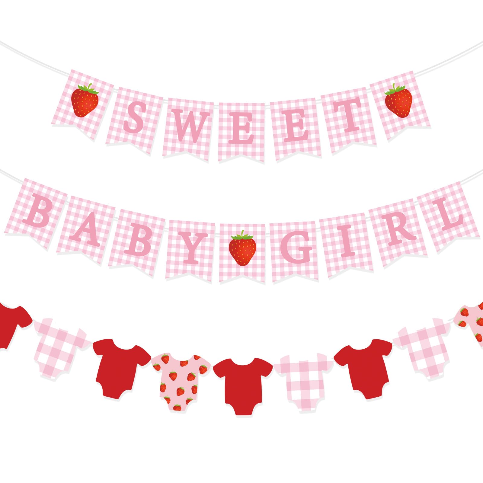 Maitys 3 Pcs Strawberry Baby Shower Decorations Girl Banners Pink Gingham Paper Garland with Baby Clothes Shaped Bunting for Girl Strawberry Birthday