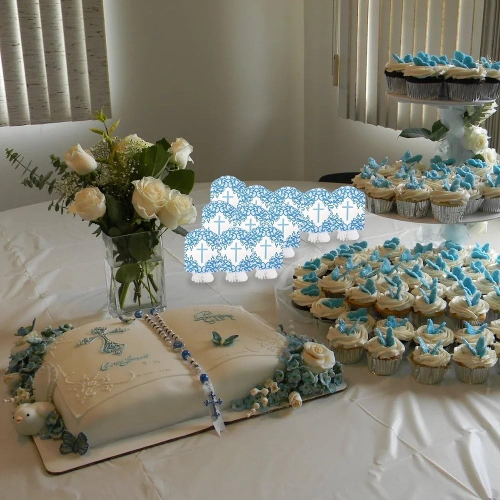 Fancy Blue Cross Honeycomb Decorations - 8" (Pack of 3) - Stunning Paper Party Decor for Baptism, Communion, and Religious Events