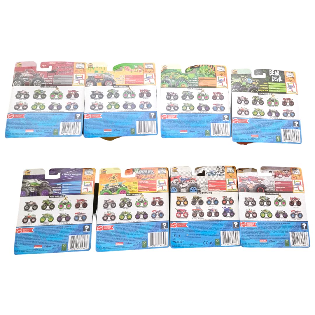 Hot Wheels Monster Trucks Connect and Crash Car Complete Set of 8 Diecast Vehicles Bundle with Hotweiler, Buzz, Board Wild, Gunkster, Beardevil
