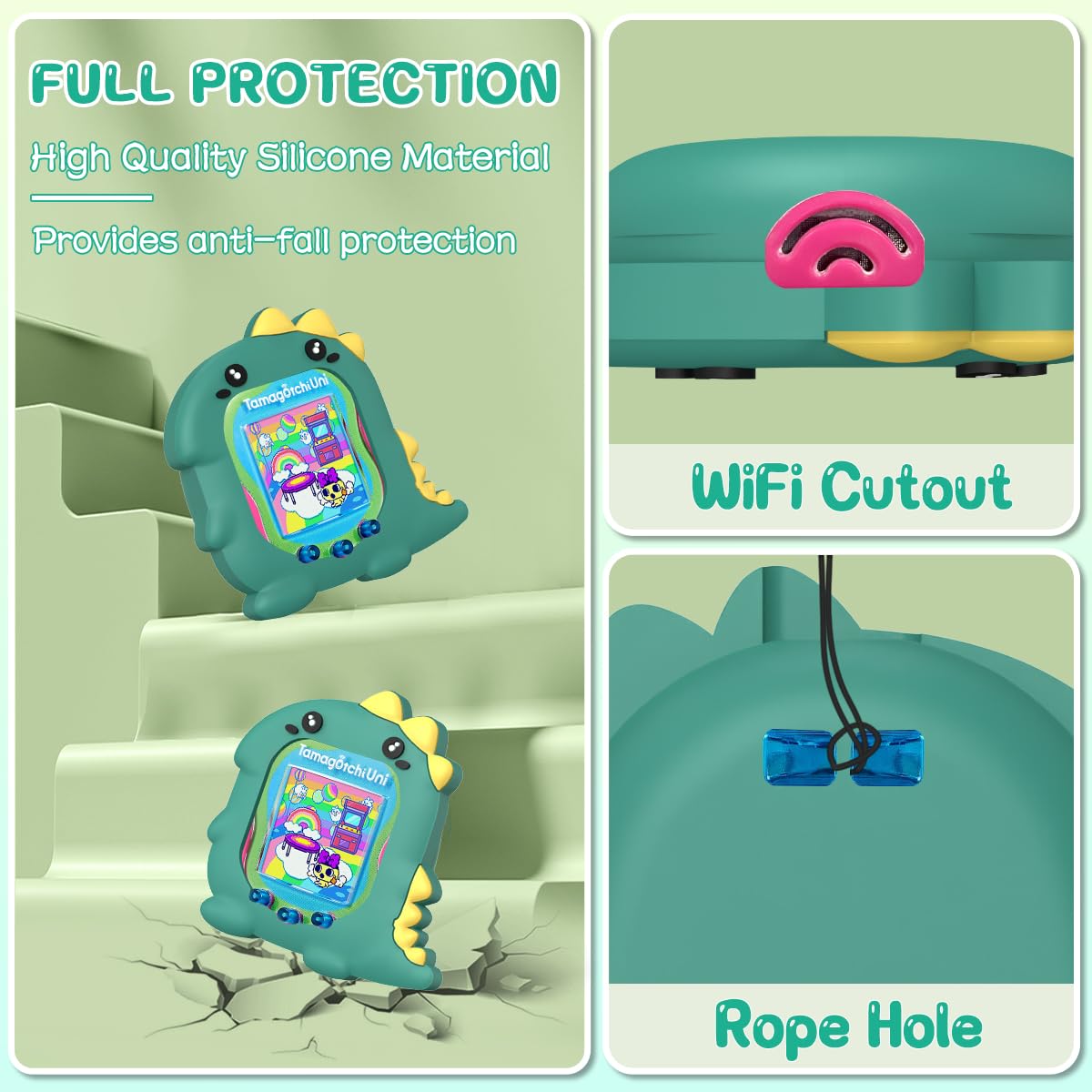 BEARDDO Silicone Case Compatible with Tamagotchi Uni Case, Cute Cartoon Green Dinosaur Virtual Pet Game Machine Protector Cover for Tamagotchi Uni