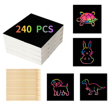 wiwbbitl 240 Scratch Paper for Kids with 26 Bamboo Styluses | Mess Free Scratch Paper Kit | Fun Classroom Crafts Activity &Creative Party Gifts (Ages