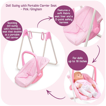 Badger Basket Doll Swing Carrier - Adjustable Toy Swing for 18 Inch Dolls with Sturdy Frame, Lightweight Portable Design, and Easy Assembly - Pretend